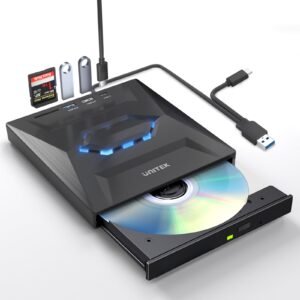 External CD DVD Drive With USB C Hub, SD Card Reader, and USB 3.0 - Portable CD/DVD Player and Burner for Laptop, Desktop PC, Windows, Linux, Mac